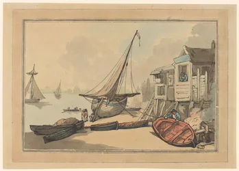 Roeiboten en een zeilschip op een oever