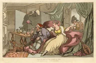 De huwelijksreis, uit The English Dance of Death, uitgegeven 1816 (handgekleurde gravure)