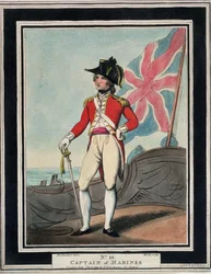 De marinekapitein, in de Royal Navy, in de 18e eeuw. Kleurgravure
