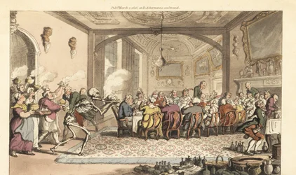 De skelet van de Dood brengt een fatale lekkernij naar een gulzig feest in een grote zaal. Handgekleurde kopergravure getekend en gegraveerd door Thomas Rowlandson uit The English Dance of Death, Ackermann, Londen