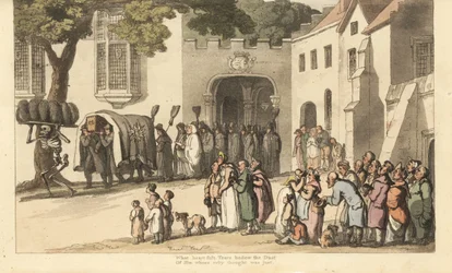 Het skelet van de Dood draagt zwarte rouwpluimen voor de stoet van Lord Roland