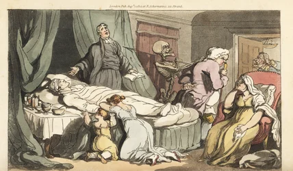 De skelet van de Dood komt voor de dokter, terwijl de priester bidt over het dode lichaam van een goede man die wordt betreurd door zijn vrouw en kind. Handgekleurde kopergravure door Thomas Rowlandson uit The English Dance of Death, Ackermann, Londen