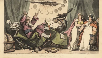 De skelet van de Dood komt voor de waarzegger in zijn kamer versierd met planetenbollen, astrologieboeken en een krokodil. Twee vrouwelijke klanten kijken in angst toe. Handgekleurde kopergravure getekend en gegraveerd door Thomas Rowlandson uit The Englis