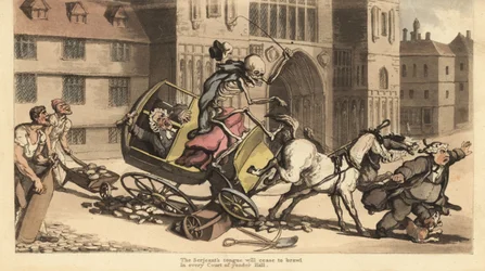 Het skelet van de Dood in mantel en muts bestuurt een tweespan dat crasht in wegwerkzaamheden en zijn passagier, een gerechtsdeurwaarder, doodt. Handgekleurde kopergravure getekend en gegraveerd door Thomas Rowlandson uit The English Dance of Death, Ackerm