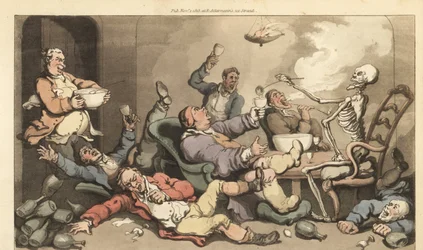 Het skelet van de Dood schenkt punch in een glas van een ceremoniemeester met jicht op een luidruchtig Georgisch drinkfeest. Handgekleurde kopergravure getekend en gegraveerd door Thomas Rowlandson uit The English Dance of Death, Ackermann, Londen