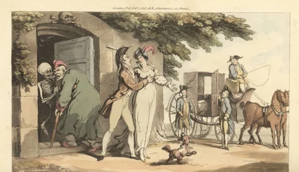 Het skelet van de Dood leidt een oude man naar een mausoleum, waardoor zijn jonge weduwe vrij is om te hertrouwen. Handgekleurde kopergravure getekend en gegraveerd door Thomas Rowlandson uit The English Dance of Death, Ackermann, Londen