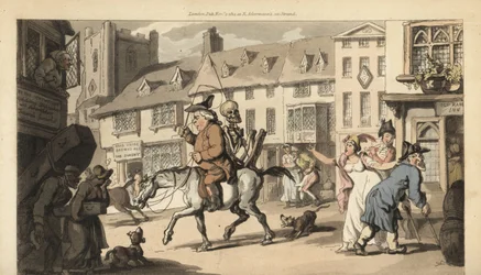 Het skelet van de Dood rijdt op een paard met een kwakzalver, terwijl alleen de dorpsbegrafenisondernemer zijn dood betreurt. Handgekleurde kopergravure getekend en gegraveerd door Thomas Rowlandson uit The English Dance of Death, Ackermann, Londen