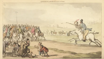 De skelet van de Dood rijdt met een man naar de finish op een renbaan, terwijl kinderen een spelletje lotto spelen. Handgekleurde kopergravure getekend en gegraveerd door Thomas Rowlandson uit The English Dance of Death, Ackermann, Londen