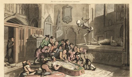 De skelet van de Dood kijkt toe hoe antiquairs het lijk van een koning opgraven uit een crypte in een kerk. Handgekleurde kopergravure getekend en gegraveerd door Thomas Rowlandson uit The English Dance of Death, Ackermann, Londen