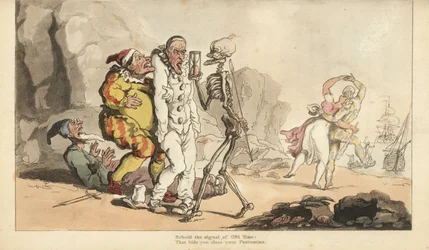 De skelet van de Dood met zandloper en pijl komt voor een Pierrot en andere clowns, terwijl een harlekijn danst met een vrouw op een strand