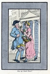 Reizende bloemenverkoper, nadert een glimlachende heer met een klein boeket rozen (1819). Houtsnede, gebaseerd op een schilderij van Thomas Rowlandson (1756-1827), gepubliceerd in The Cries of London: met zes charmante kinderen en bijna 40 illustraties
