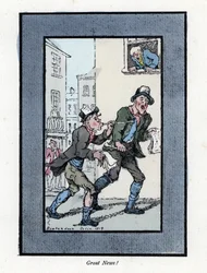 Twee krantenverkopers met lange fluitjes die kranten verkopen in een straat in Londen. Houtsnede, gebaseerd op een schilderij door Thomas Rowlandson (1756-1827), gepubliceerd in The Cris of London: met zes charmante kinderen en bijna 40 illustraties, door 