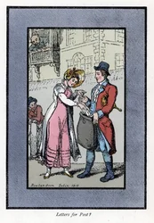 Vrouw betaalt en stopt een brief in een tas gedragen door een medewerker van de Britse Royal Post Office (houtsnede gebaseerd op een schilderij van Thomas Rowlandson)