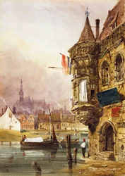 Een figuur naast een gebouw, Gent, met schuiten op de rivier de Leie, 1833