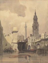 De Kerk van St. Magnus de Martelaar, London Bridge, met het Monument op de Achtergrond