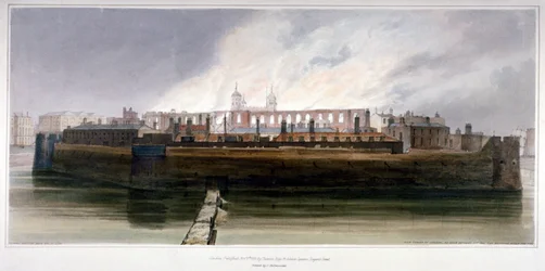 De Tower of London de ochtend na de brand in de Wapenkamer op 30 oktober 1841