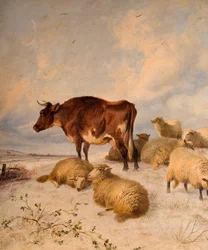 Koeien en schapen in sneeuwlandschap, 1864