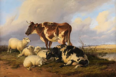 Schapen en vee op de moerassen (olieverf op doek)