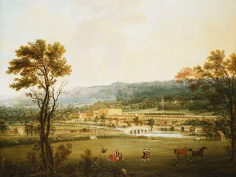 Een Uitgebreid Uitzicht op Chatsworth, Derbyshire vanuit het Zuidwesten