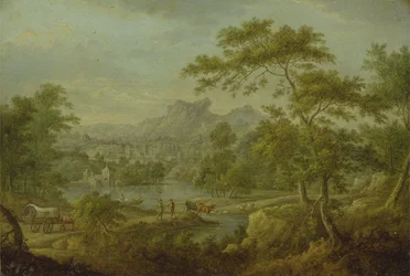 Een Imaginaire Landschap met een Wagen en een Verafgelegen Uitzicht op een Stad