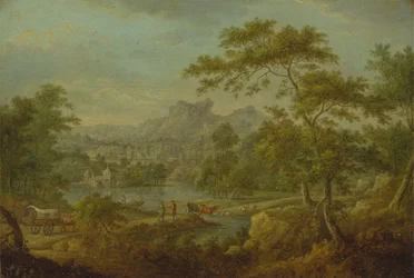 Een denkbeeldig landschap met een wagen en een verre blik op een stad
