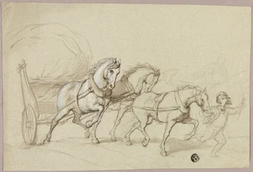 Kind leidt drie paarden en wagen