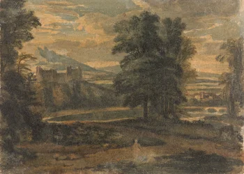 Landschap met bergen, kasteel, bomen en meer