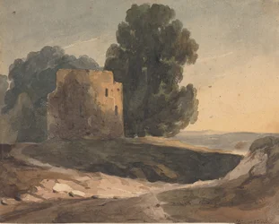 Landschap met verwoest kasteel, bomen