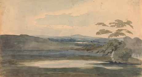 Landschap met bomen en bergen, meer op de voorgrond