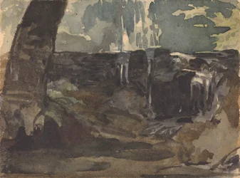 Rotsachtig landschap, grote boomstam op de voorgrond