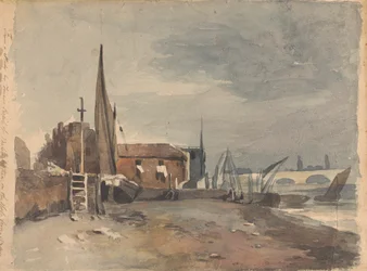 Kustscène met gebouwen en boten