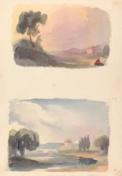 Twee Tekeningen op Eén Blad: Landschap met Bergen in de Verte en Zittende Figuren op de Voorgrond (nr. 1); Landschap met Rivier en Gebouw, Bergen in de Verte (nr. 2)