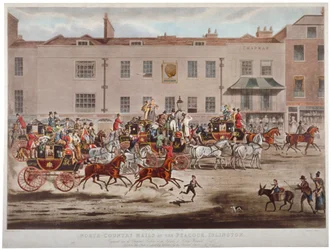 Postkoetsen voor de Peacock Inn aan Islington High Street, Londen, 1823
