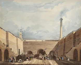 Ingang van de spoorweg bij Edge Hill, Liverpool, gegraveerd door H. Pyall