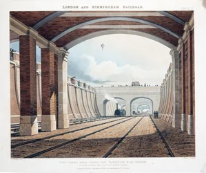Gezicht genomen van onder de Hampstead Road Bridge, kijkend naar het station op Euston Square, 1837
