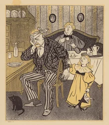 Man verzorgt een kater na te veel eten op carnavalsavond (kleurenlitho)