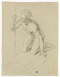 Nude Man Kneeling, Holding Staff (recto); Alpine Panorama (verso)