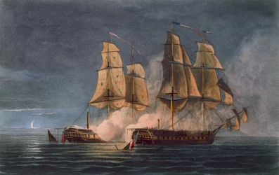 Verovering van de Thetis door HMS Amethyst, 10 november 1808, gegraveerd door T. Sutherland voor 