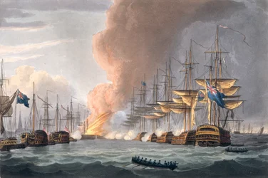 Vernietiging van de Deense Vloot voor Kopenhagen, 2 april 1801, gegraveerd door Thomas Sutherland voor J. Jenkins