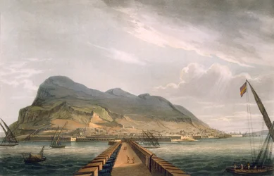 Gezicht op Gibraltar, gegraveerd door Thomas Sutherland voor J. Jenkins