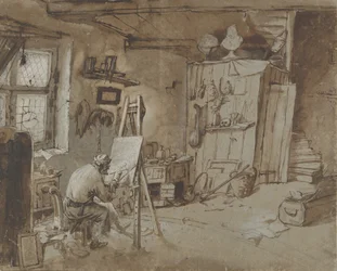 Een schilder aan het werk in zijn atelier