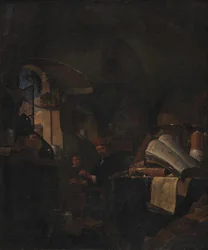 Een alchemist in zijn laboratorium