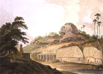 De ingang van een uitgegraven Hindoeïstische tempel in Mavalipuram, plaat II uit deel 3 van 