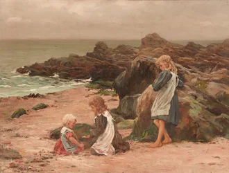Kinderen op een rotsachtig strand
