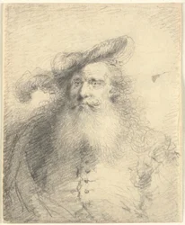 Hoofd- en schouderportret van een bebaarde man met een gevederde hoed