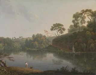 Landschap met een meer en boten