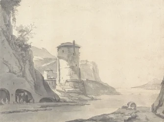 Een dorp in een rotsachtige kustinham (Italiaans?) met ronde toren op de linkeroever
