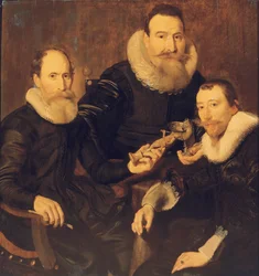 Groepsportret van drie heren, driekwart lengte, zittend in zwarte kostuums met kanten kragen, 1635
