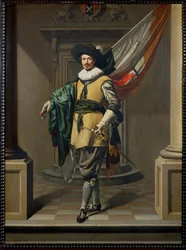 Loef Vredericx als vaandeldrager van de stad Amsterdam