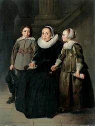 Portret van een dame ten voeten uit, zittend, in een zwarte jurk met witte molensteenkraag en muts, een zakdoek vasthoudend, met haar zoon in een grijs wambuis en haar dochter in een groene jurk, 1635